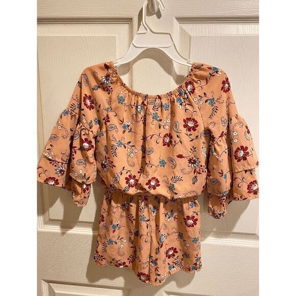 My Michelle Girls Off Shoulder Romper Orange Floral Belle Sleeve Size Small - Picture 4 of 8